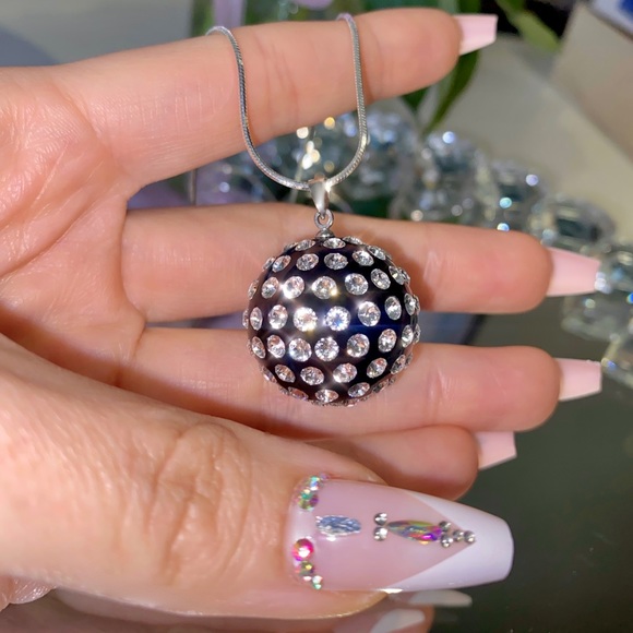 Black Acrylic Ball Necklace Embellished With Genuine Swarovski Crystals - Picture 3 of 10